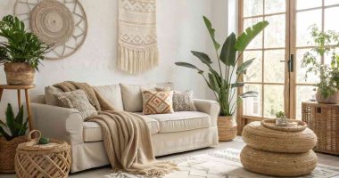 Modern boho living room with neutral tones, woven textures, plants, cozy sofa, natural light, relaxed chic interior design