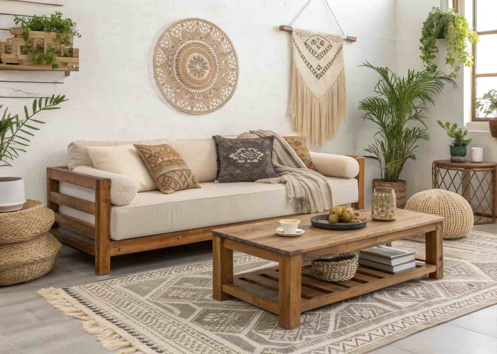 Modern boho living room furniture setup with low sofa, wooden coffee table, and soft neutral upholstery