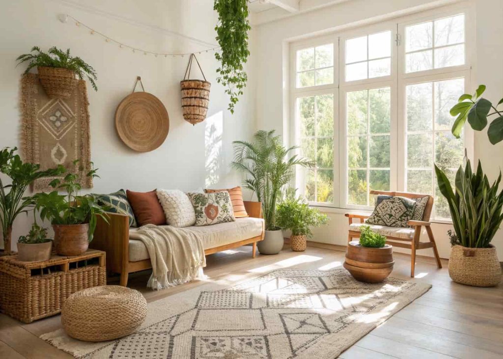 Bright modern boho living room filled with indoor plants, natural sunlight, and earthy decor accents