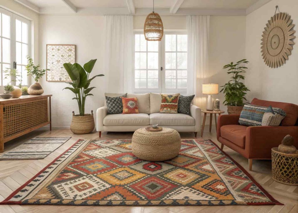 Modern boho living room featuring a patterned area rug under a cozy seating arrangement, warm natural lighting.