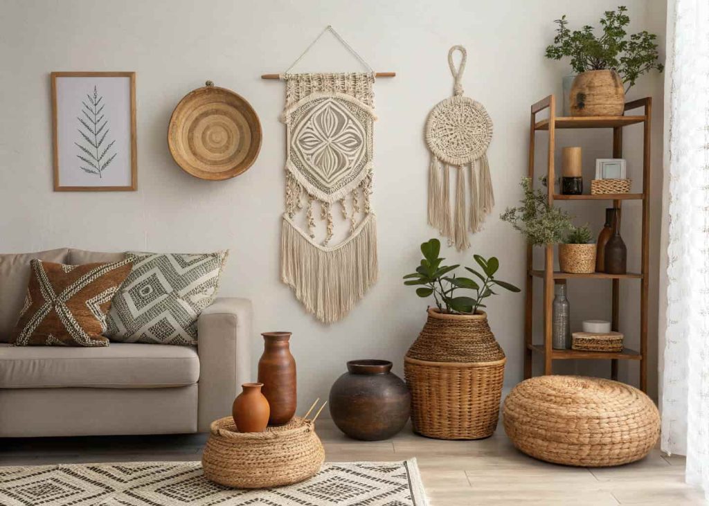 Boho living room wall decorated with macrame art, handmade pottery, and woven baskets in a modern setting