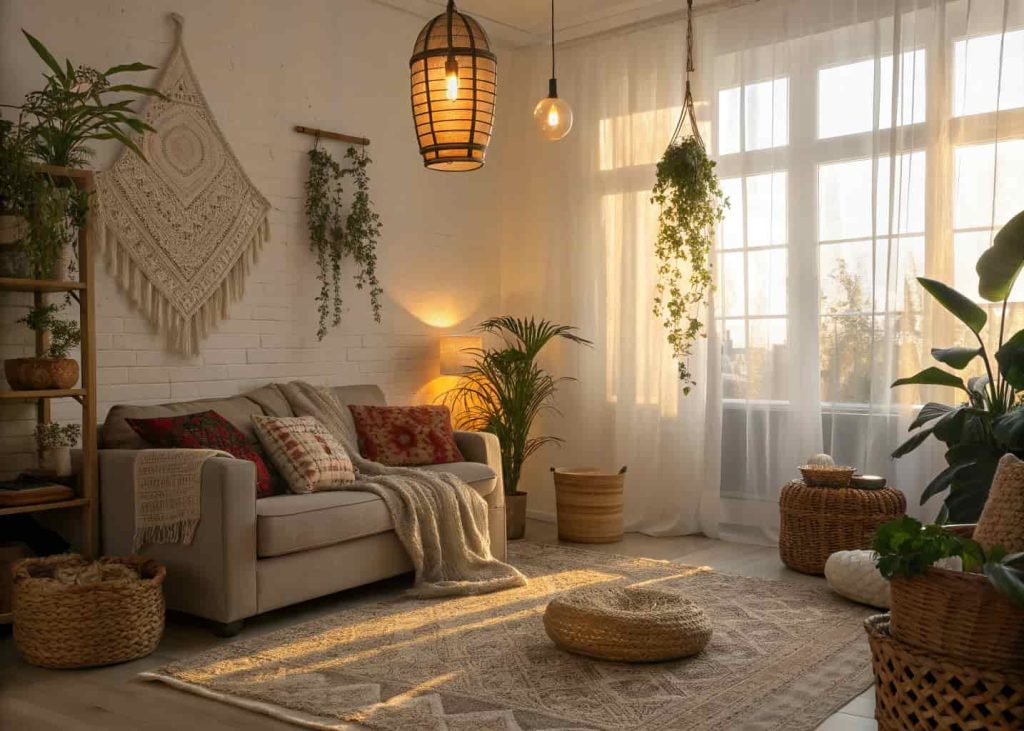 Modern boho living room illuminated by warm lamps and natural sunlight through sheer curtains