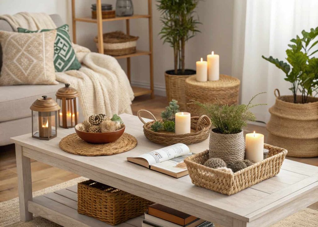 Modern boho coffee table styling with books, candles, ceramic decor, and natural textures