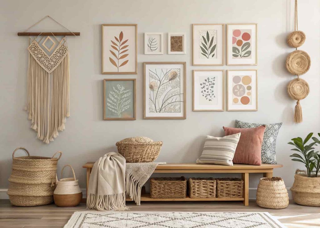 Modern boho living room wall featuring neutral artwork, gallery frames, and woven decor accents