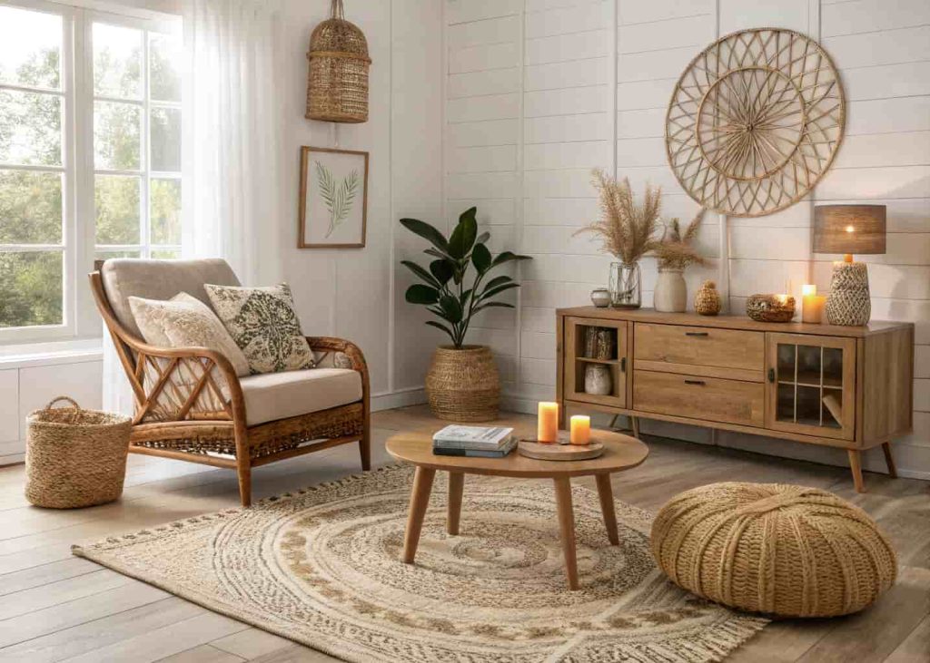 Balanced modern boho living room combining minimalist furniture with warm textured decor and natural materials