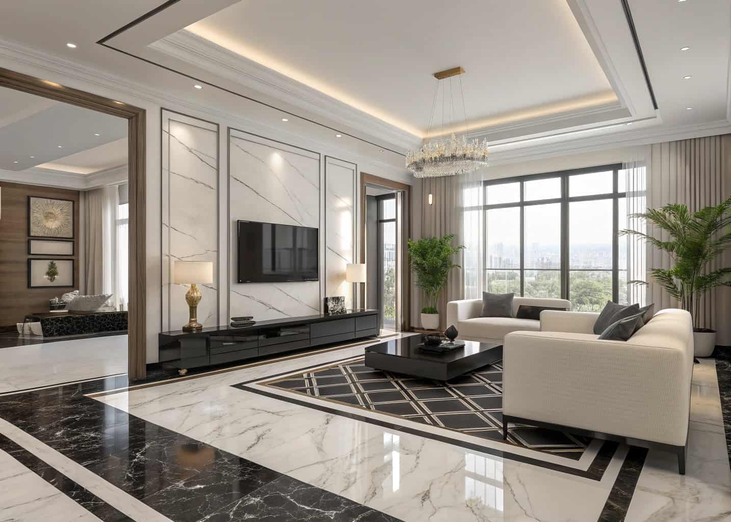 Black and White Marble Tiles Living Room