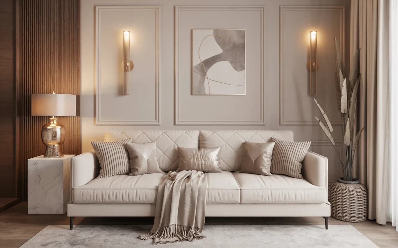 Beige sofa living room with decorative cushions, throw blanket, wall art, gold accents, modern elegant interior”
