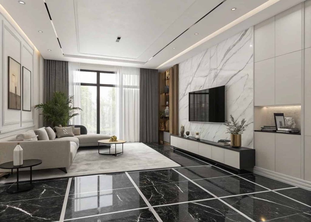 Minimalist living room with black and white marble tiles, neutral furniture, simple decor, modern aesthetic”