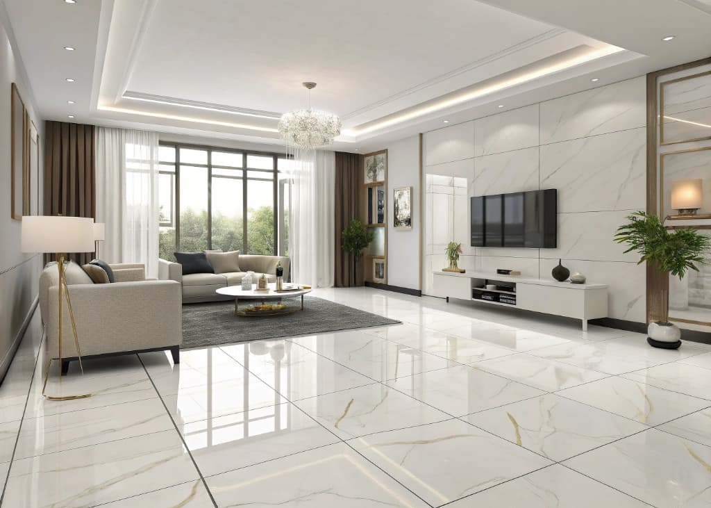 Stylish living room with glossy white tile floors, large-format tiles, modern minimalist furniture”