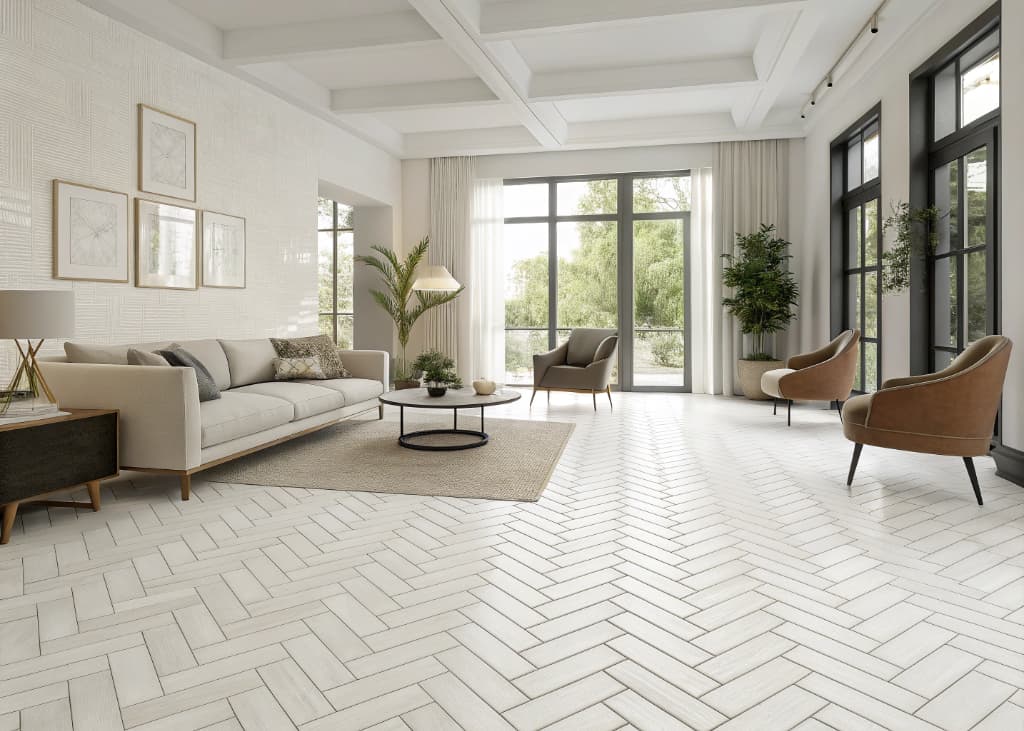 Modern living room with white tile floor in herringbone pattern, stylish furniture, bright interior”
