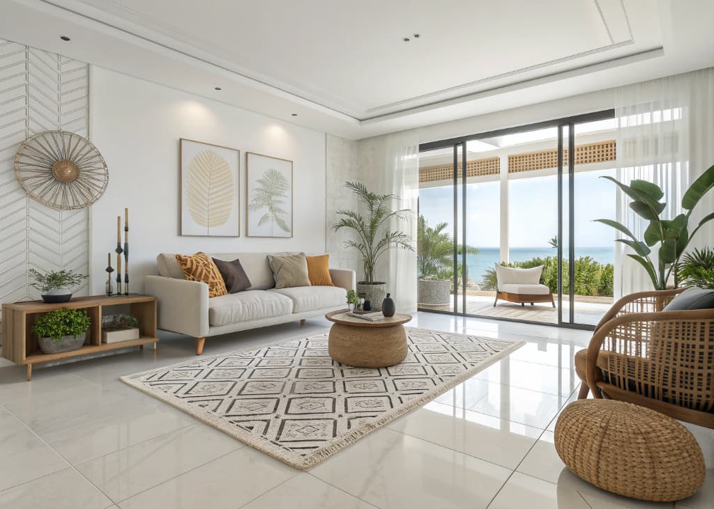 Stylish modern living room with white tile floor, minimalist furniture, layered rugs, bright decor”