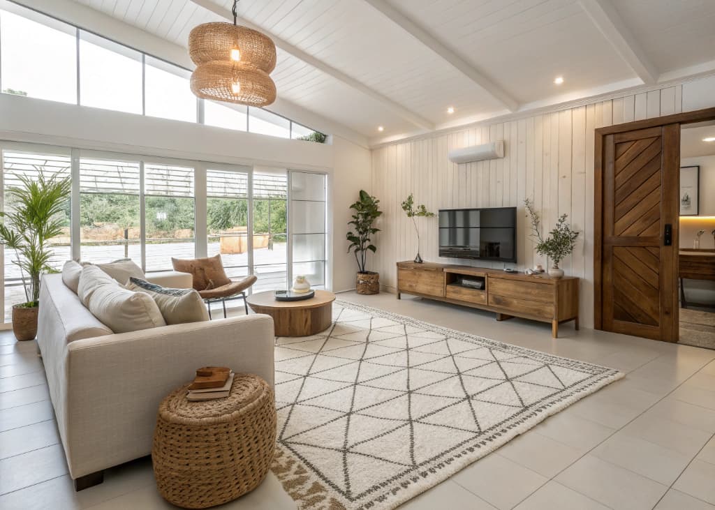 Modern living room with white tile floors, textured rugs, wooden accents, cozy and stylish interior”