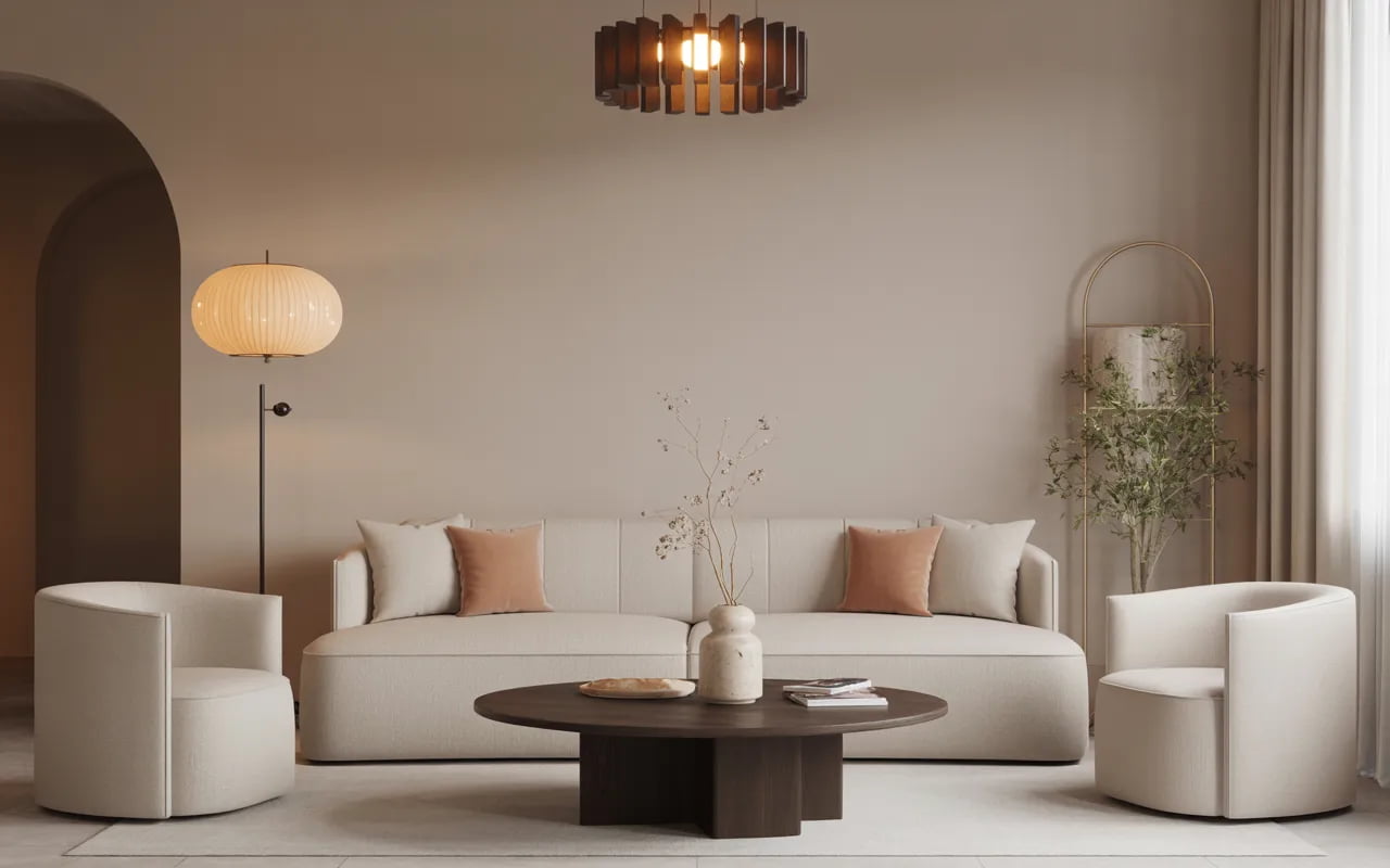Beige sofa living room with floor lamp, pendant lighting, soft ambient lights, cozy elegant décor, neutral tones”