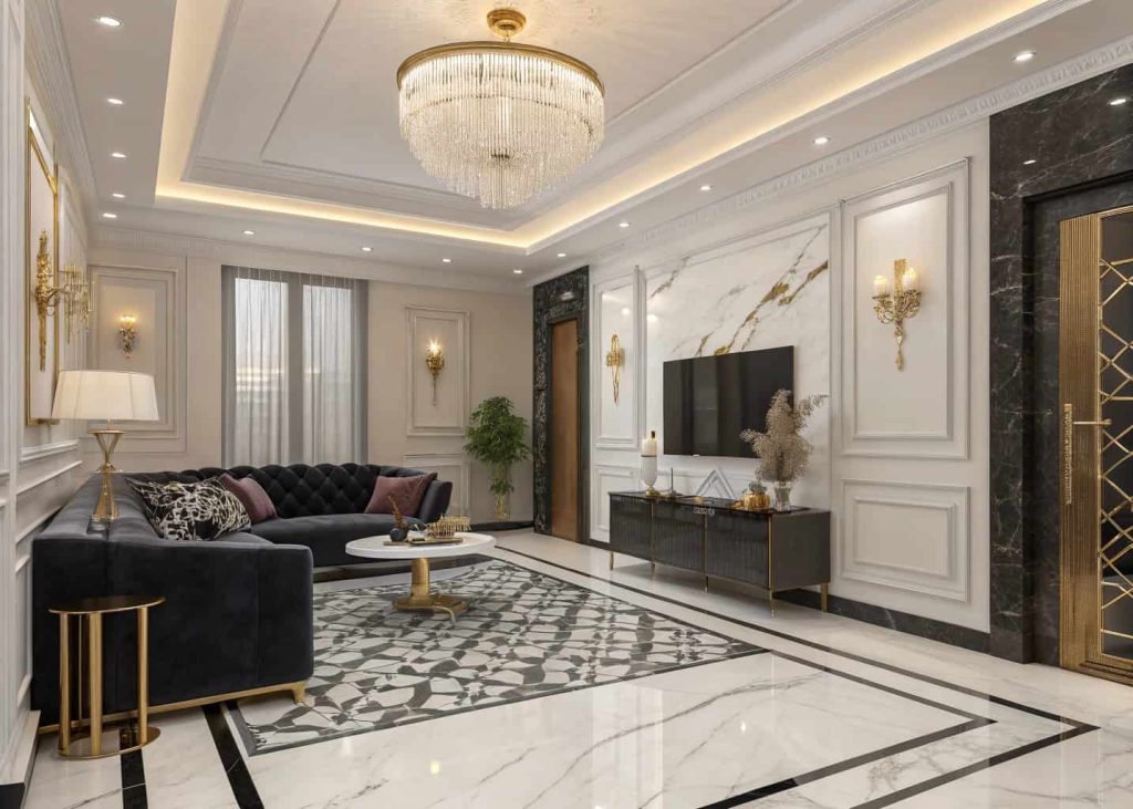 Luxury living room with black and white marble tiles, velvet sofa, gold accents, chandelier lighting”