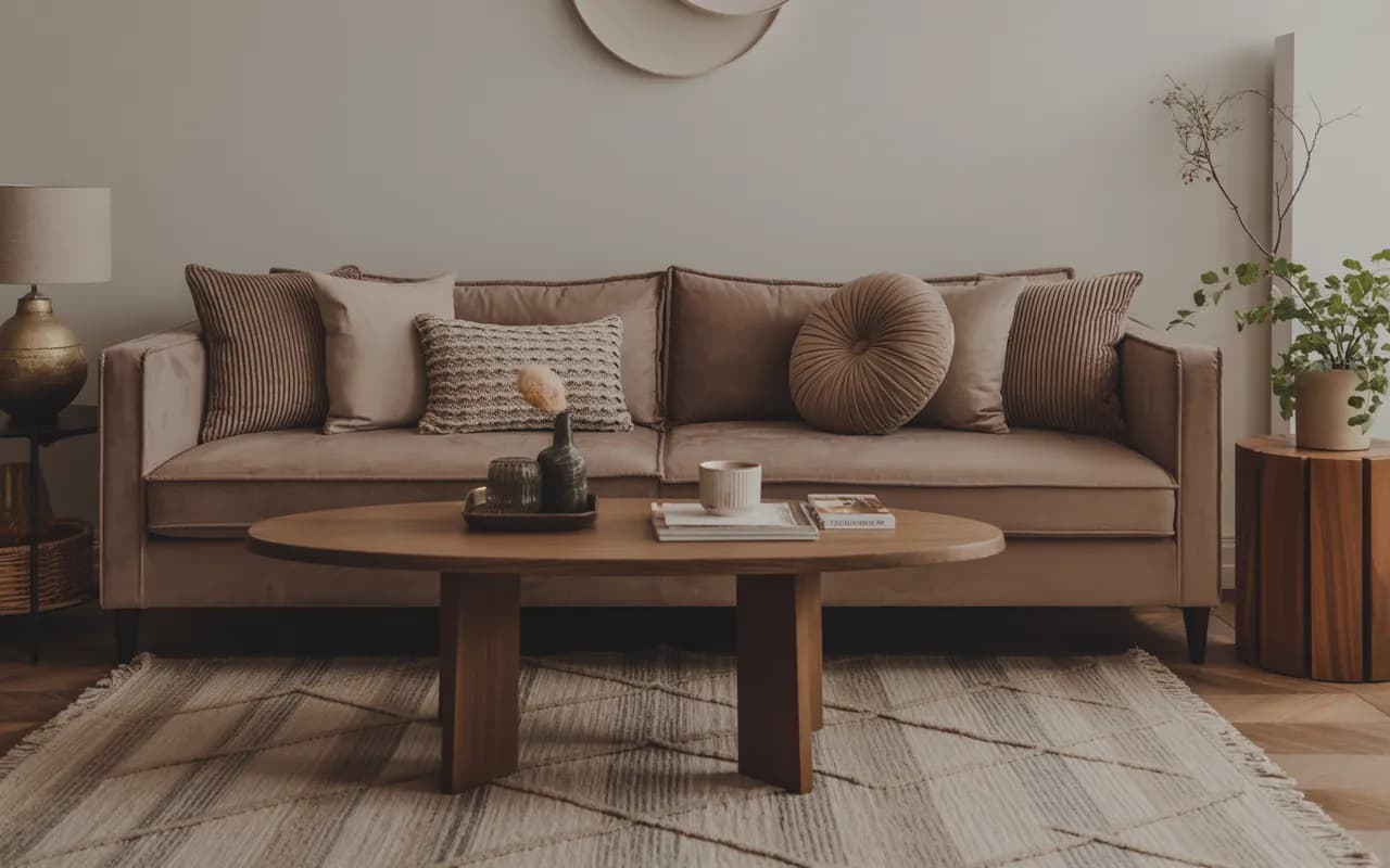 Living room with dark beige sofa, layered velvet and knitted cushions, wooden coffee table, textured rug, cozy stylish décor”
