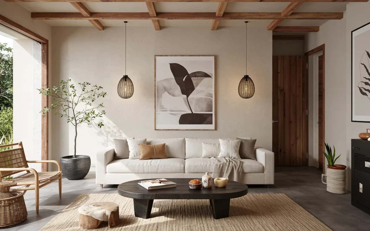 Modern living room with charcoal tinted concrete floor, neutral sofa, minimalist décor, natural light, stylish interior”