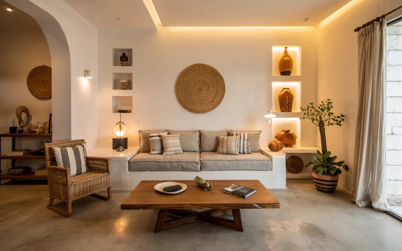 Living room with polished concrete floor, wooden coffee table, neutral sofa, cozy modern décor, ambient lighting”