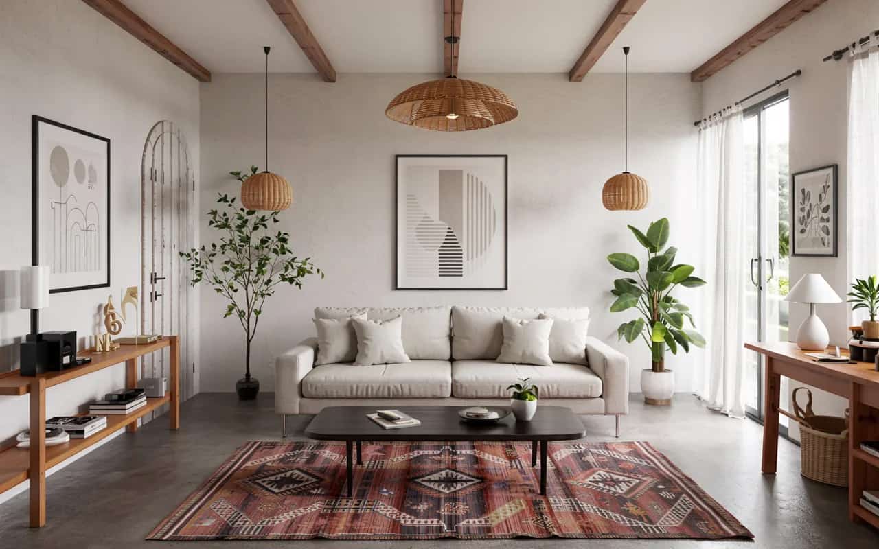 Living room with concrete plank flooring, minimalist sofa, geometric rug, modern décor, bright and airy interior”