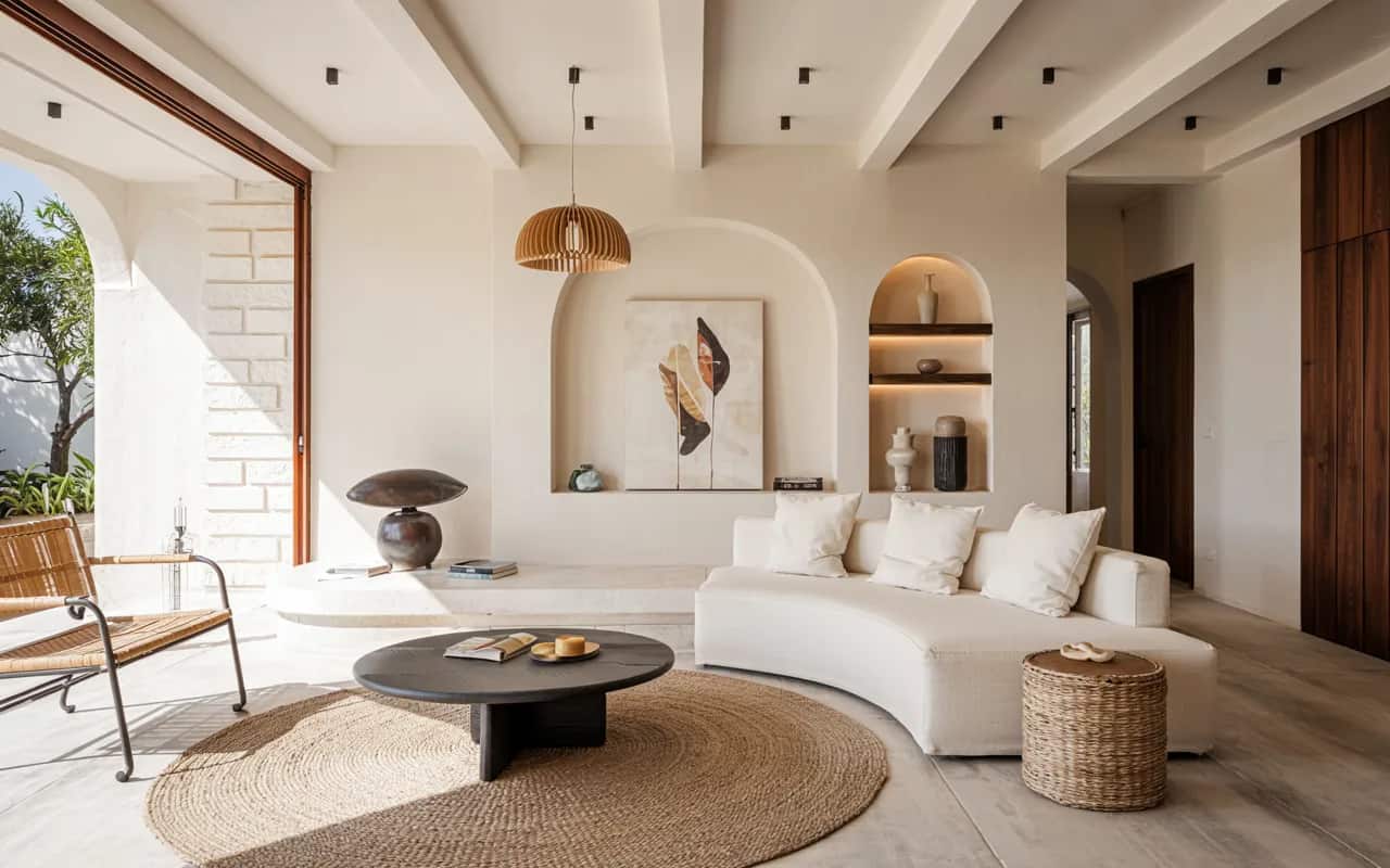 Modern living room with sealed concrete floor, beige sofa, minimalist coffee table, bright natural lighting, sleek décor”