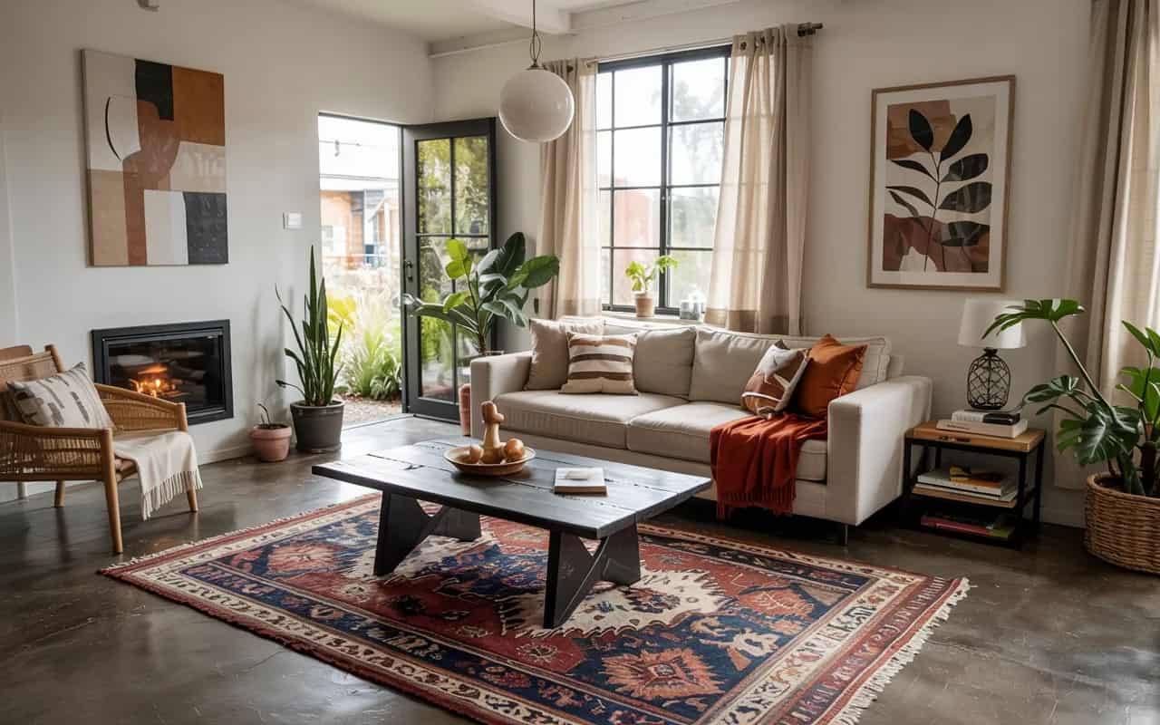 Living room with polished concrete floor, layered area rugs, beige sofa, modern coffee table, cozy contemporary décor”