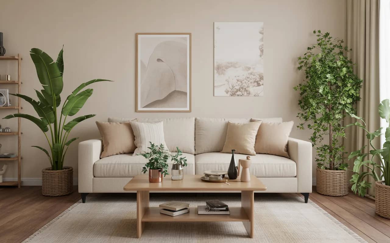 Beige sofa living room with indoor plants, wooden coffee table, neutral décor, natural light, cozy and inviting interior”