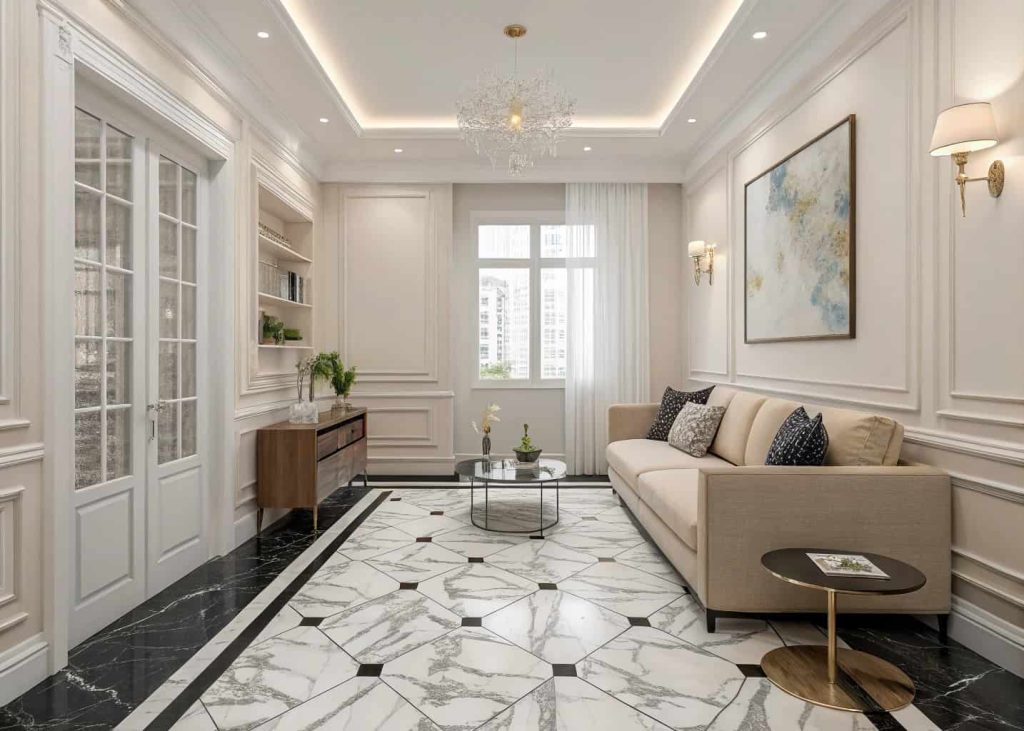 Small living room with black and white marble tiles, light furniture, bright and elegant design”
