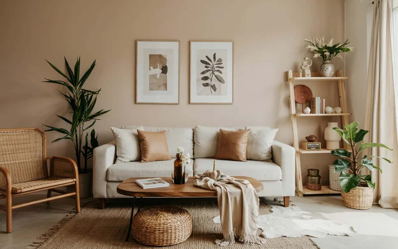 Modern living room with beige sofa, soft neutral walls, patterned cushions, wooden accents, bright and cozy interior
