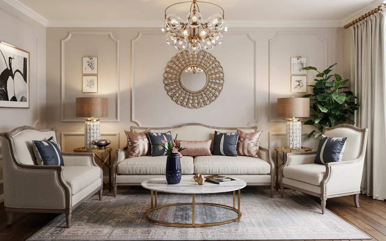 Elegant living room with beige sofa, navy and blush cushions, neutral rug, gold accents, cozy ambient lighting”