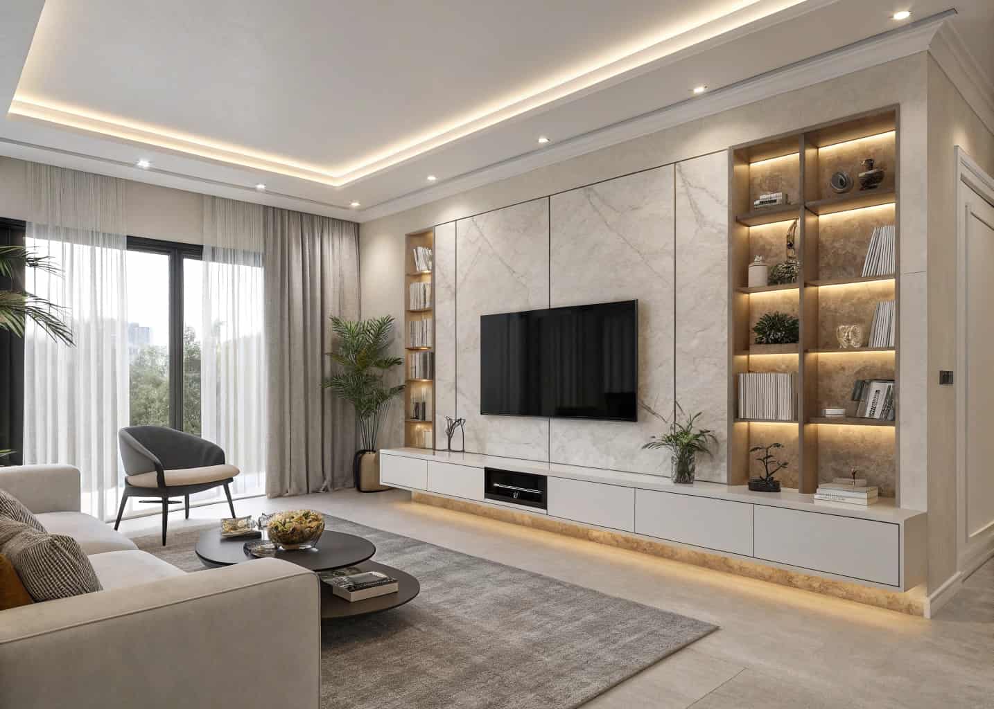 Modern luxury living room with sleek wall-mounted TV unit, floating shelves, LED backlighting, minimalist décor, neutral color palette”
