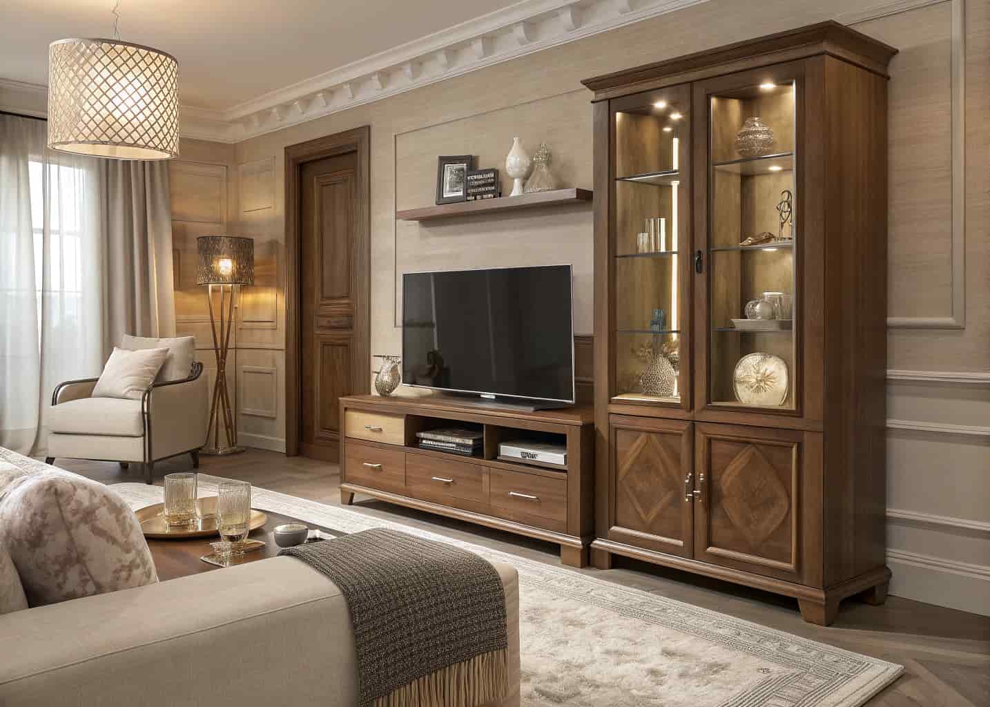Luxury living room with walnut wooden TV unit, glass shelves, decorative accessories, ambient lighting, cozy elegant interior”