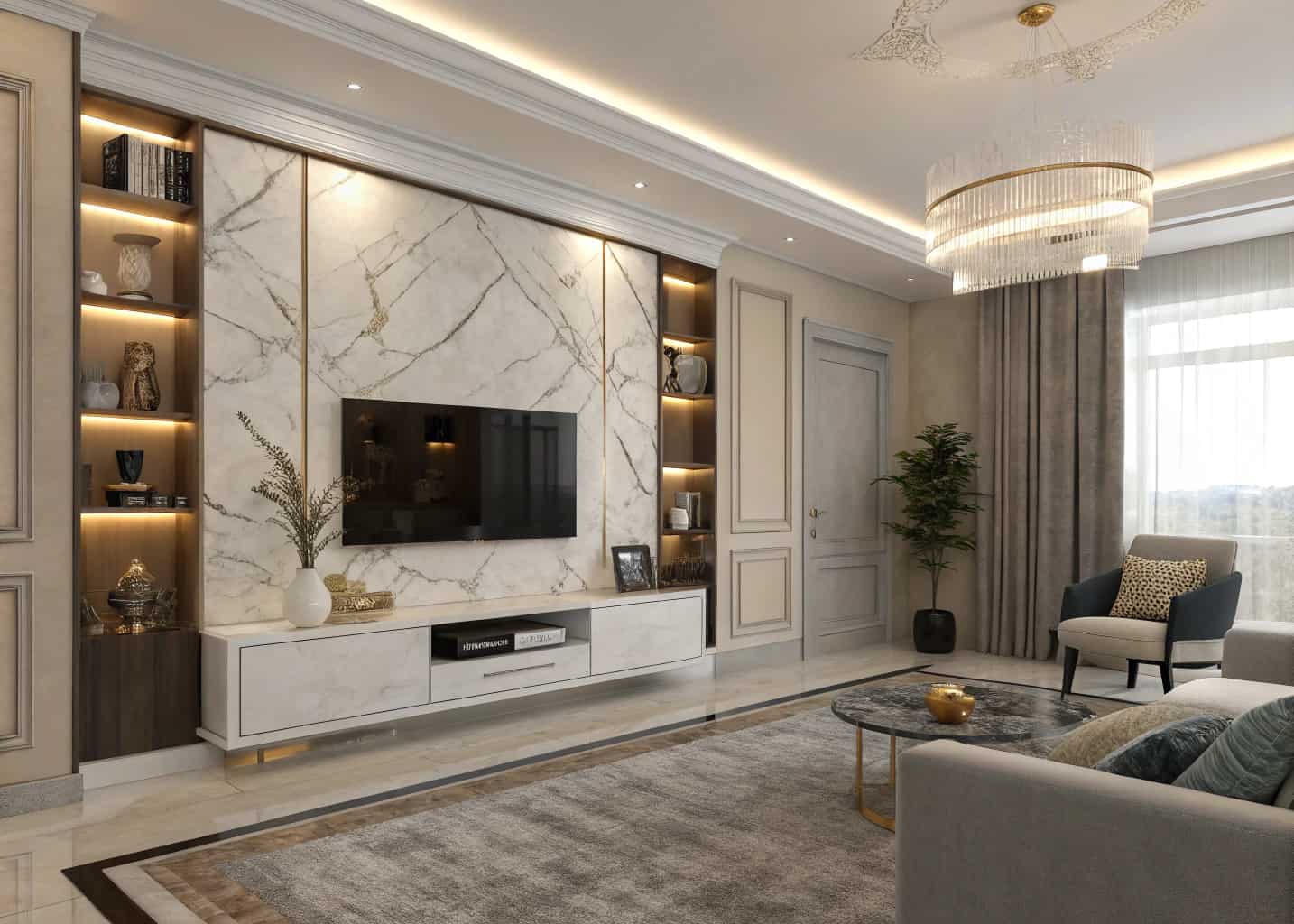 Luxury living room with marble TV unit, floating shelves, LED accent lighting, modern décor, stylish and elegant design