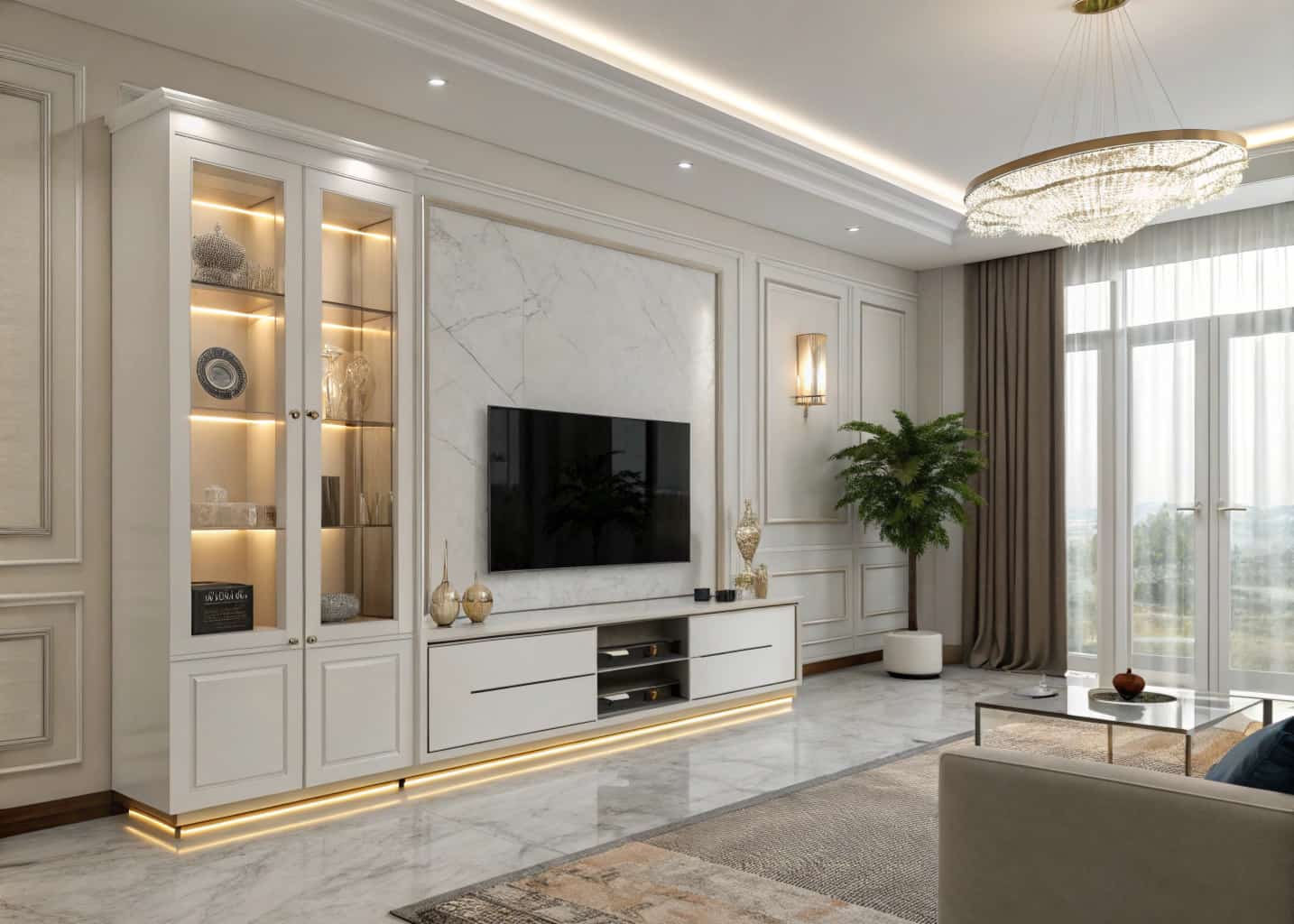 Luxury living room with glass and acrylic TV unit, LED lighting, minimalist décor, bright modern interior, sleek design