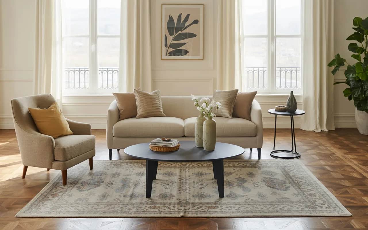 Elegant living room with beige sofa, neutral patterned rug, hardwood flooring, cozy layered décor, stylish interior”