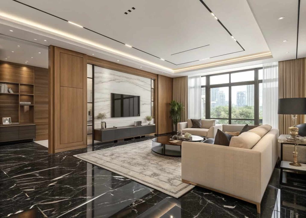 “Living room with black and white marble floor and neutral-colored furniture, wooden accents, modern decor”