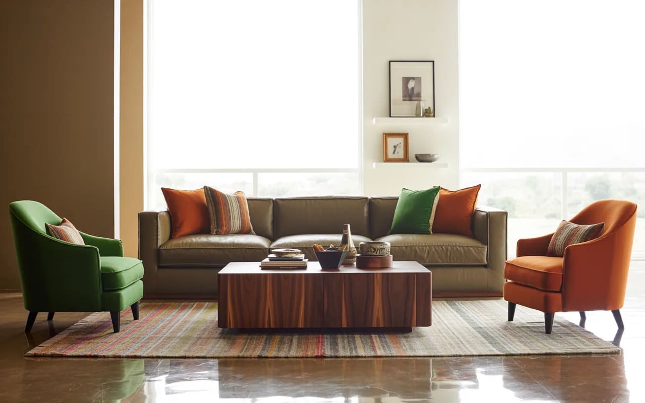 Modern living room with dark beige sofa, wooden coffee table, armchairs in contrasting colours, layered décor, bright interior”