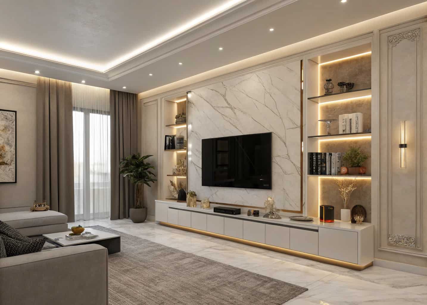 Luxury living room with floating wall-mounted TV unit, LED strip lighting, decorative shelves, minimalist modern design, spacious interior”