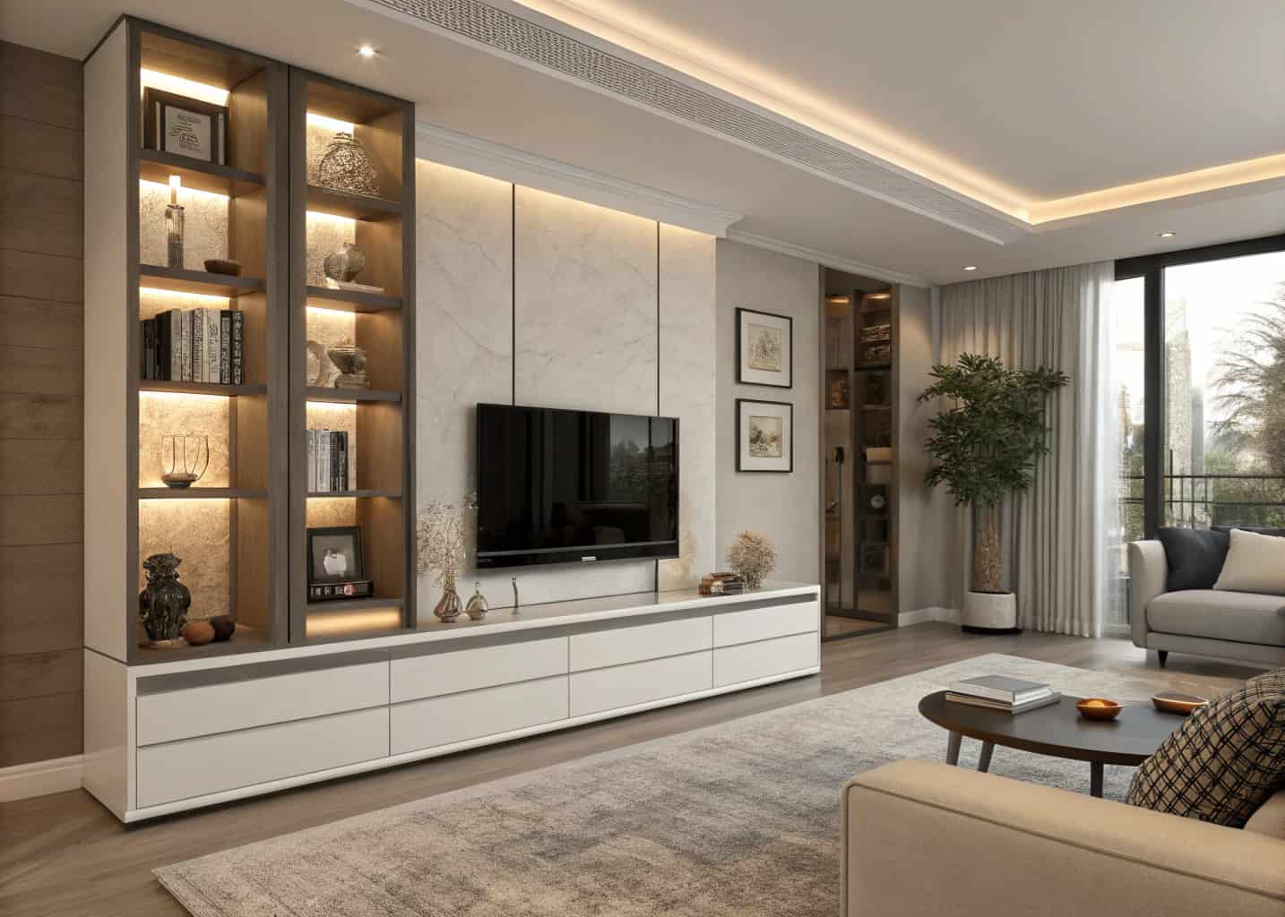“Luxury living room TV unit with hidden drawers, integrated shelves, decorative items, minimalist modern interior, ambient lighting”