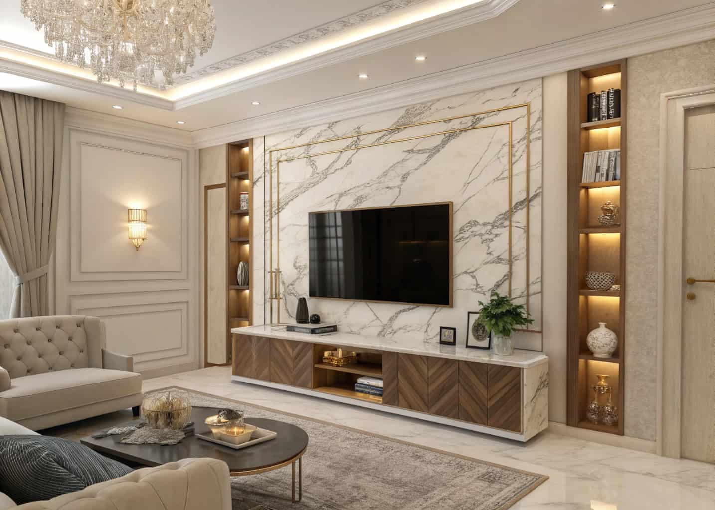 Luxury living room with designer custom TV unit, marble and wood combination, ambient lighting, sophisticated elegant décor”