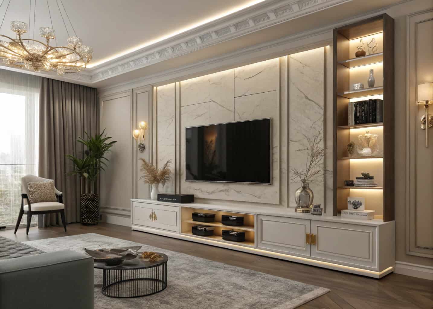 “Luxury living room TV unit with LED backlighting, floating shelves, ambient lights, sleek modern décor, elegant interior”