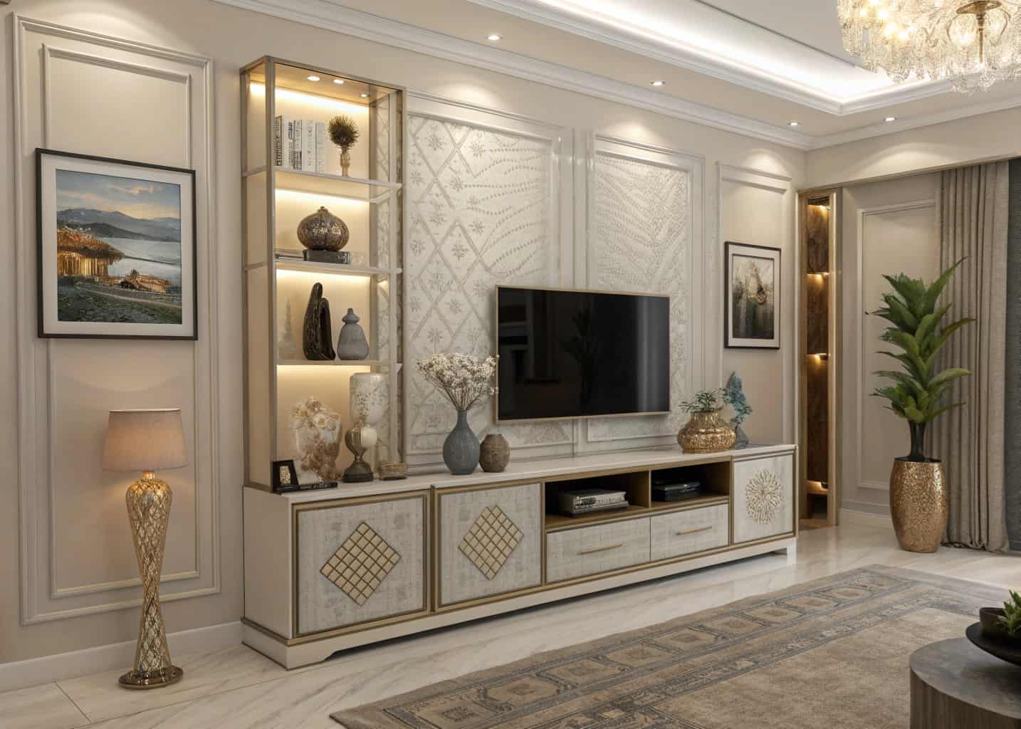Luxury living room TV unit with decorative vases, sculptures, framed artwork, ambient lighting, modern chic interior”