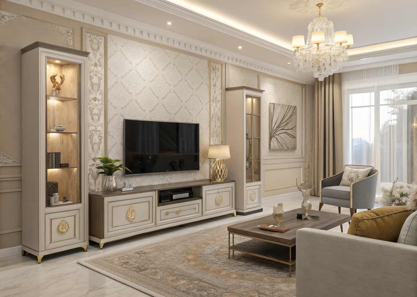 Luxury living room with TV unit matching modern furniture, neutral tones, stylish décor, ambient lighting, elegant interior”