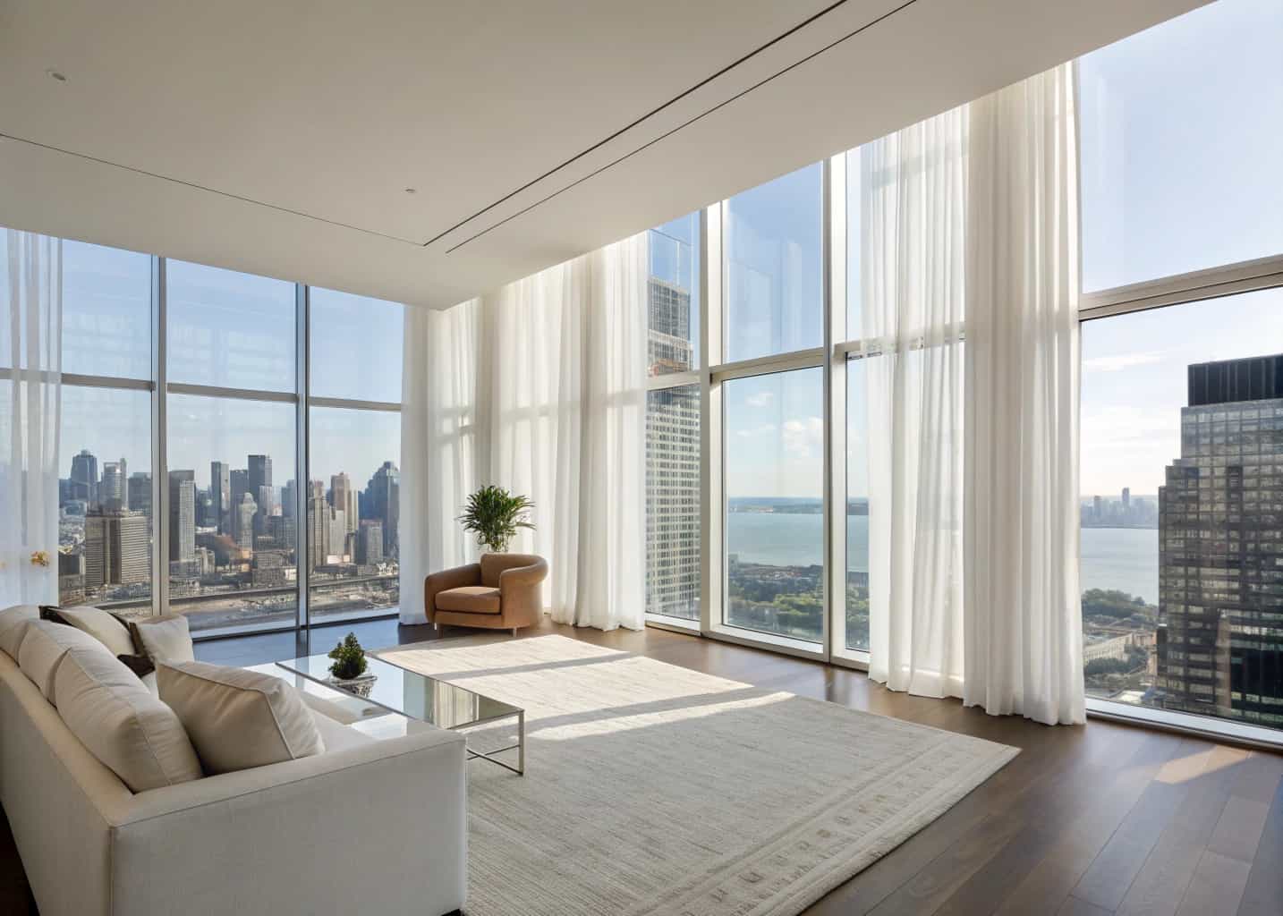 Bright high-rise living room with floor-to-ceiling windows, sheer curtains, neutral furniture, natural sunlight, minimalist décor”