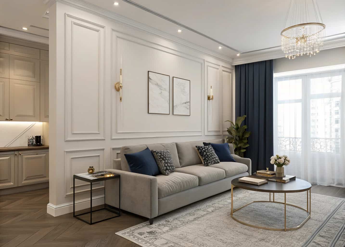 Modern apartment living room with neutral walls, gray sofa, navy accent pillows, minimalist coffee table, chic décor”