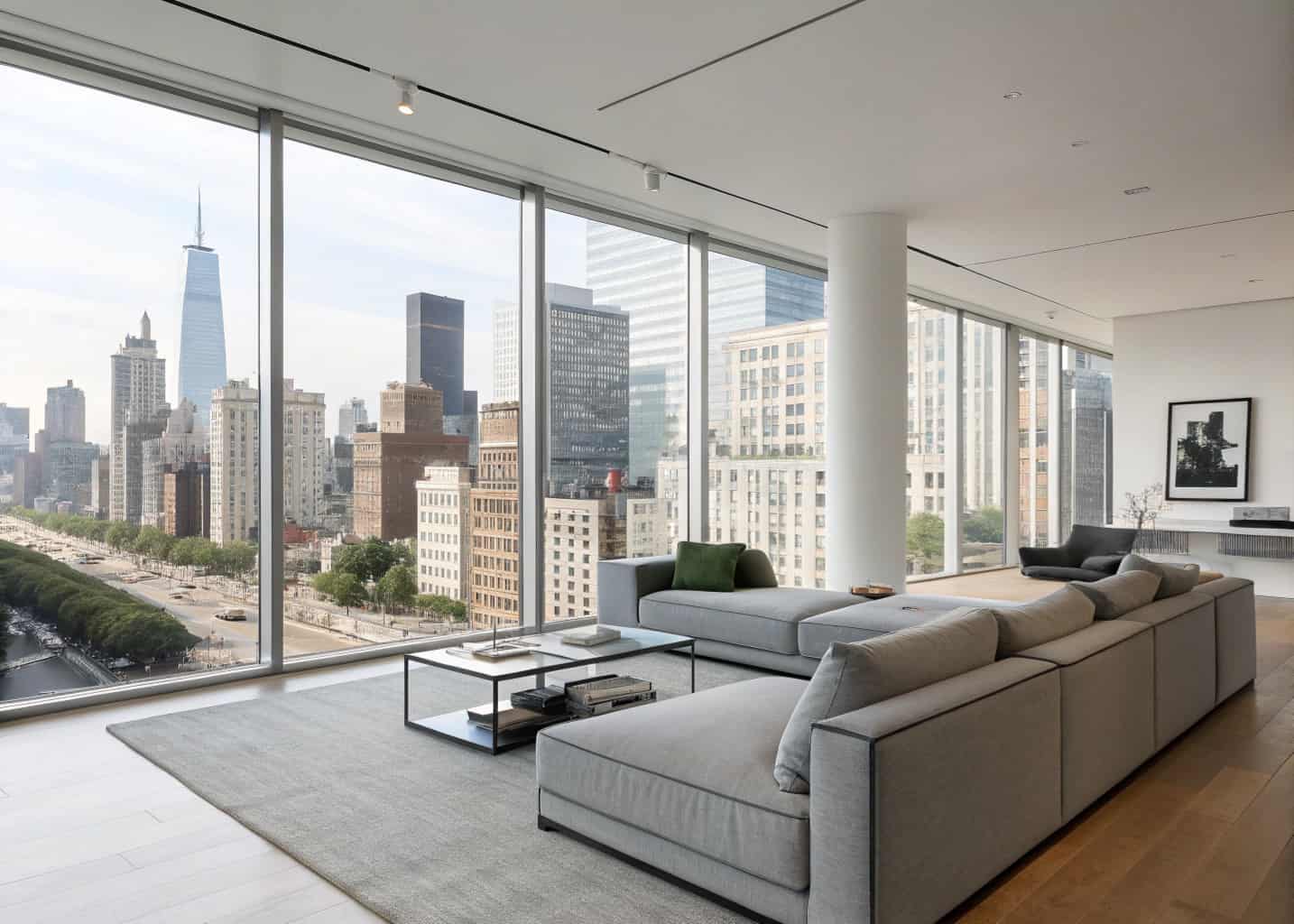 Modern living room with modular gray sofa, sleek coffee table, low-profile furniture, floor-to-ceiling windows, urban city view”