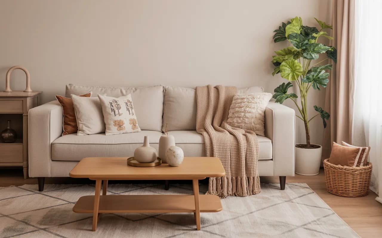 Beige sofa living room with seasonal cushions, layered throws, wooden coffee table, cozy and stylish interior”