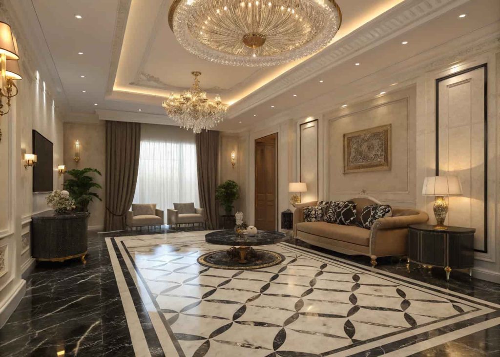 “Elegant lighting in a living room with black and white marble floor, chandelier, warm ambient light”