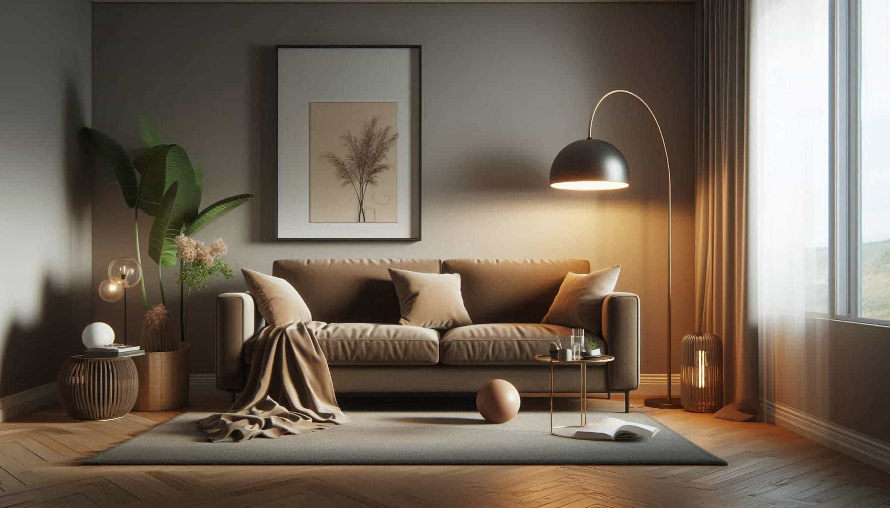 “Living room with dark beige sofa, floor lamp, ambient lighting, neutral décor, cozy modern interior”