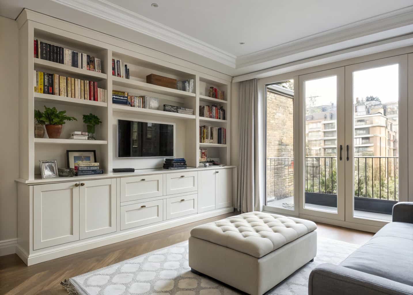 Modern apartment living room with built-in shelves, storage ottoman, floating cabinets, tidy and stylish interior”