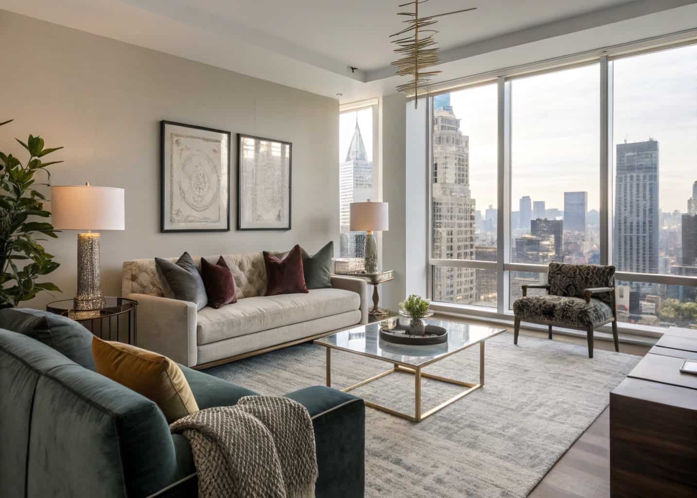 Chic high-rise living room with layered textures: velvet cushions, wool throw, glass coffee table, modern décor”