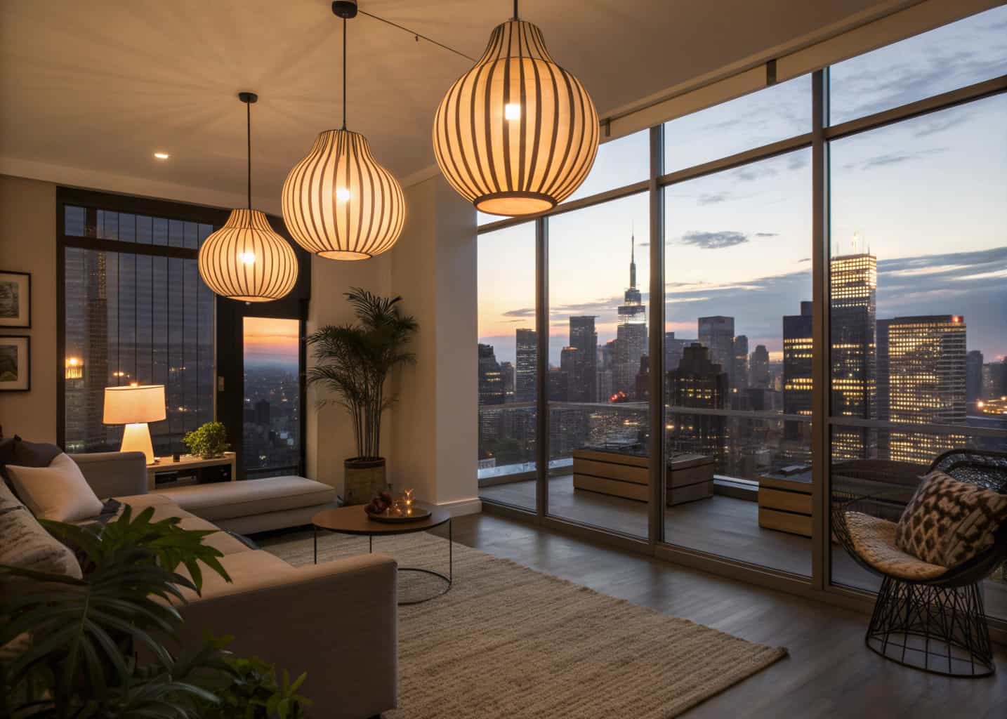 Modern apartment living room with pendant lighting, floor lamp, layered lighting, stylish interior, city skyline at dusk”